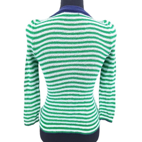 Anthropologie HWR Green White Striped Puff Sleeve Navy Blue Tie Neck Cardigan XS - Picture 6 of 11
